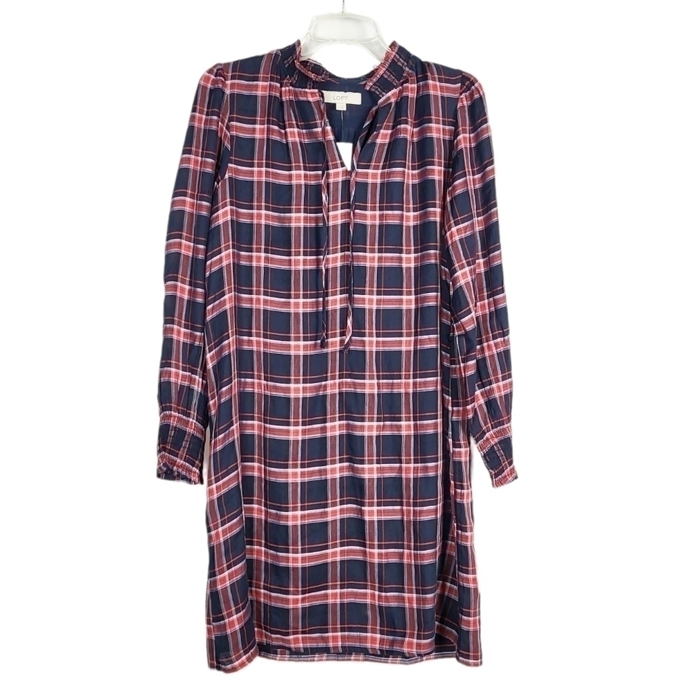 LOFT long sleeve plaid shaft dress holiday christmas
